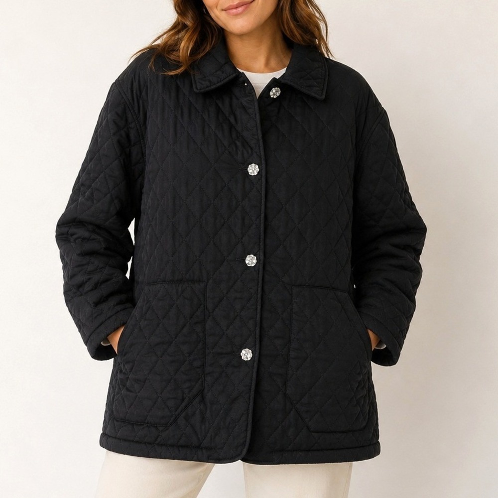 VTG 90s Bromley Sport‎ Black Quilted Jacket L Oversized Crystal Look Buttons